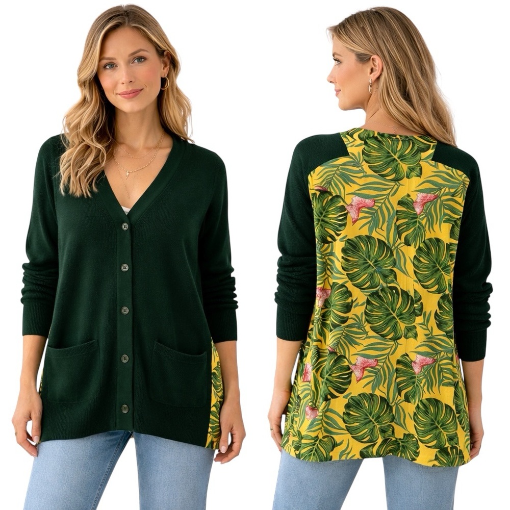 Sandrine Rose Yellow Palm Trees Mixed Media Cardigan  Size Small